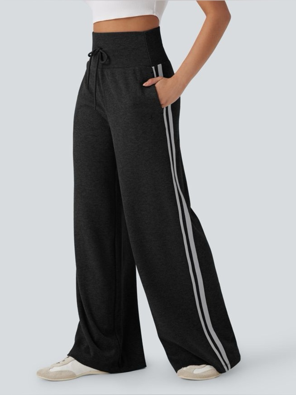 NWT Halara Ribbed High Waisted Tummy Control Drawstring Wide Leg Pants Medium - Picture 2 of 6
